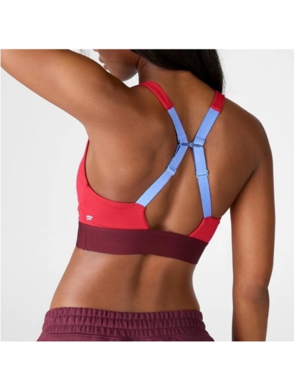 Fabletics Red Sports Bra with Light Blue Straps